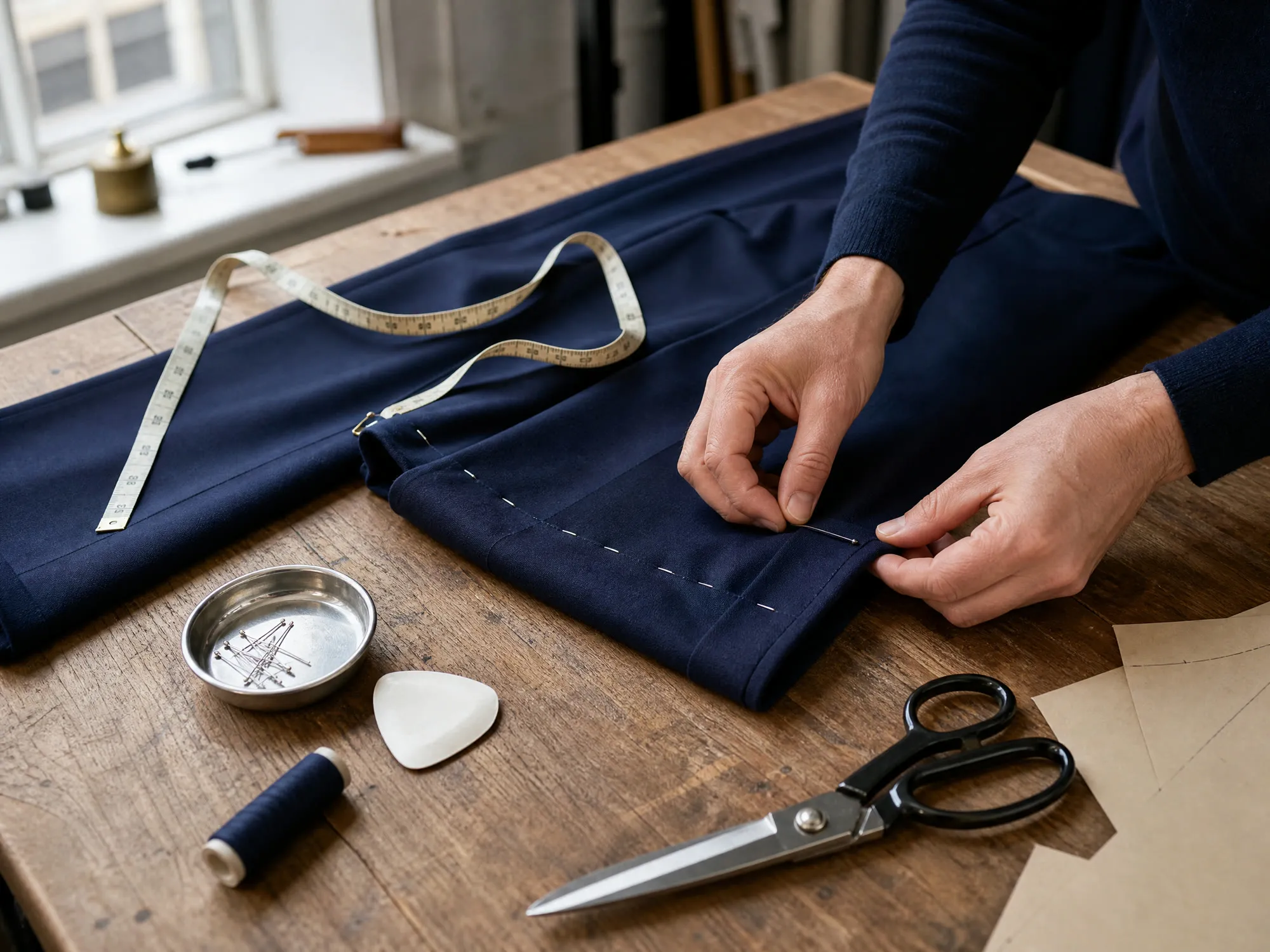 Hands pinning up the hem of navy trousers on a cutting table, with a tape measure, chalk and shears